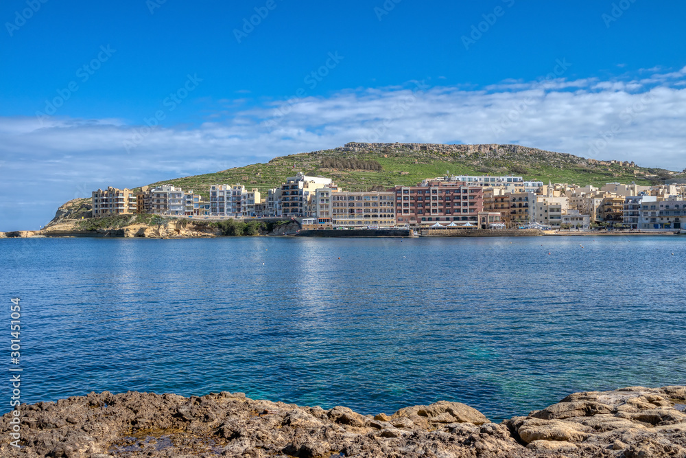 View of the town and coastline of the bay Marsalforn, Gozo, Malta, Europe