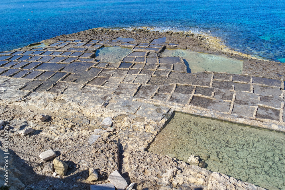 Xwejni bay with salt pans, Marsalforn, Gozo, Malta, Europe