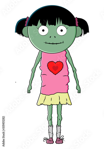 Vector illustration of cartoon zombie-girl isolated on white background.