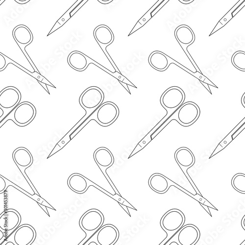 Pattern of scissors for manicure and pedicure. Vector texture. Thin line symbol. Design for banner, flyer, poster or print, websites, web design, mobile app on white background.