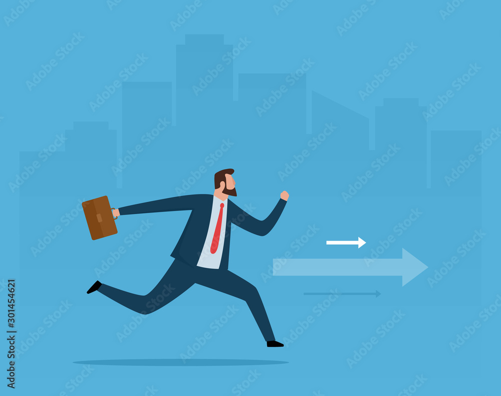 Businessman running to the goal in big city. Business concept illustration. Flat design. Businessman running to the goal in big city. Business concept illustration. Flat design.