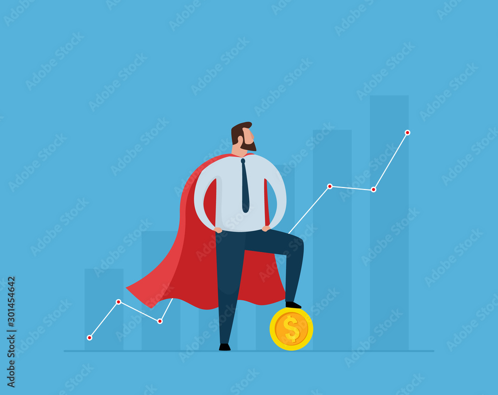 Super Businessman standing with a gold coin on growth graph. uccessful business strategy concept. Vector illustration. Super Businessman standing with a gold coin on growth graph. uccessful business strategy concept. Vector illustration.