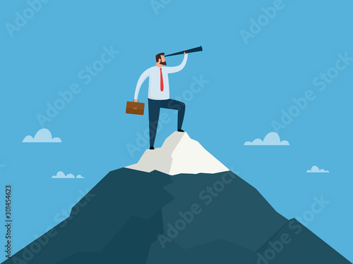 Business vision concept. Business man standing on top of mountain. Vector illustration. EPS 10.