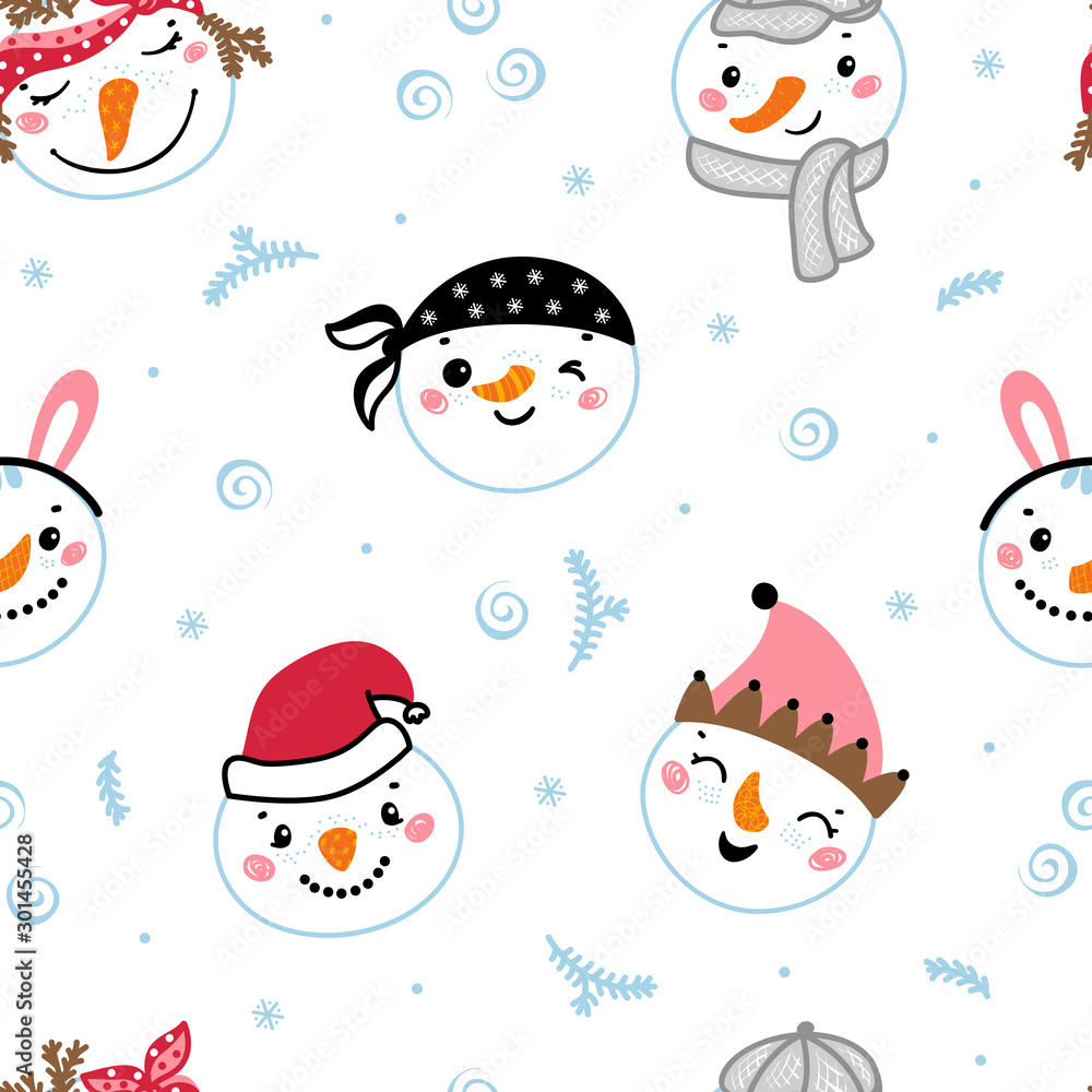 Naklejka premium Vector Seamless Pattern with Cute Snowman Faces. Winter Holiday Background with Cartoon Funny Doodle Snowman Heads. Christmas and New Year Design