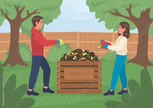 Composting. Man and woman making compost outdoors in the garden. Recycling concept. 