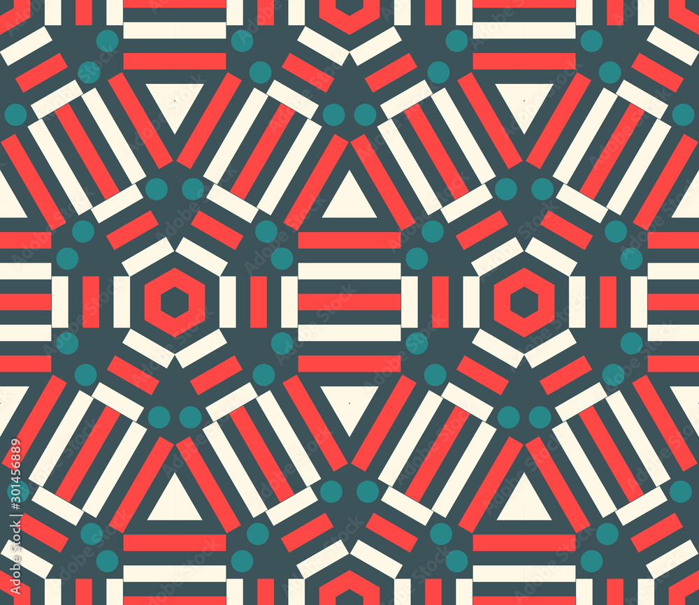 Abstract striped geometric seamless pattern with different shapes.  Mosaic, tile background with hexagon, wrapping paper. Vector illustration.   