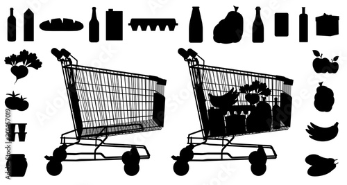 Shop products trolley silhouette. Food products supermarket store