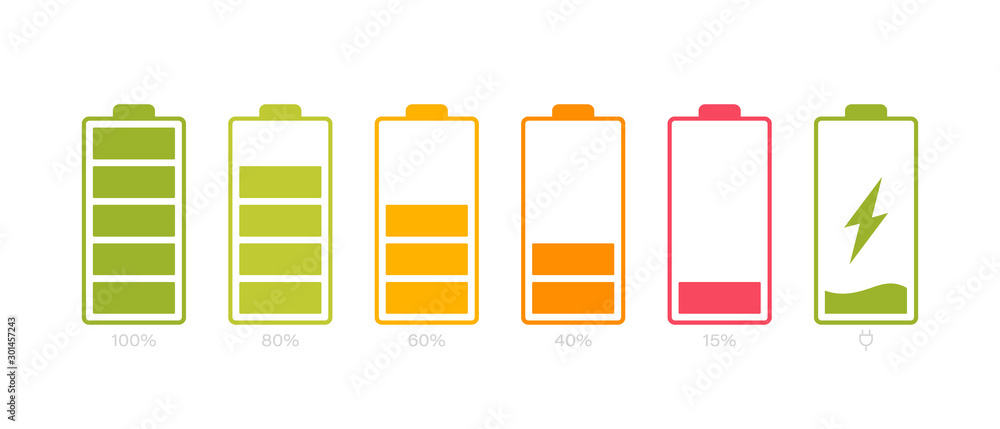 Set battery with different level of charge. Car battery indicator, battery charge signs. Wireless charging energy sign. Vector graphic design Set battery with different level of charge. Car battery indicator, battery charge signs. Wireless charging energy sign. Vector graphic design
