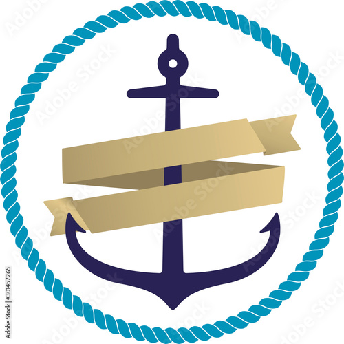 Flat anchor icon or logo with orange ribbon and circular rope. Isolated.