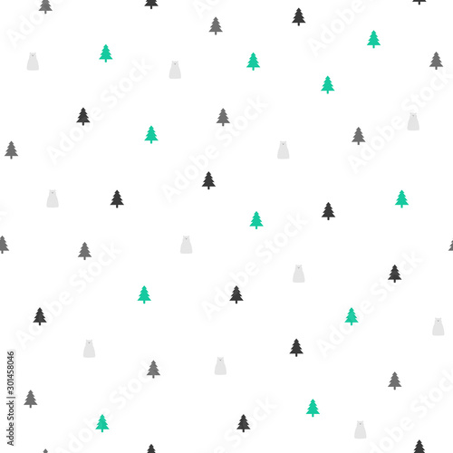 Winter seamless pattern. Christmas vector background, cute template with pine trees and polar bears for wrapping paper, web design, patchwork, sewing or sheet fabric