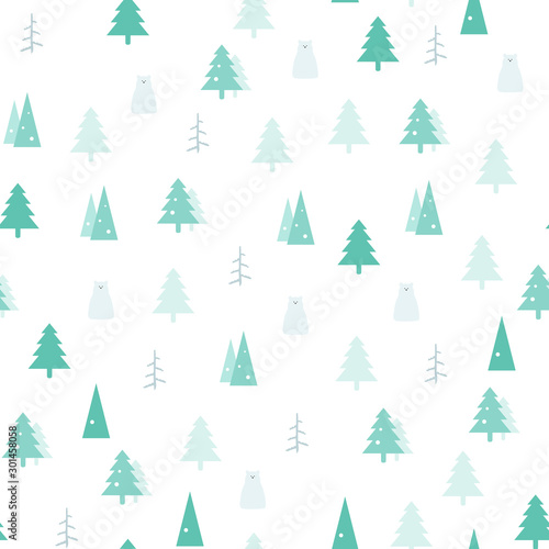 Winter seamless pattern. Christmas vector background, cute template with pine trees and polar bears for wrapping paper, web design, patchwork, sewing or sheet fabric