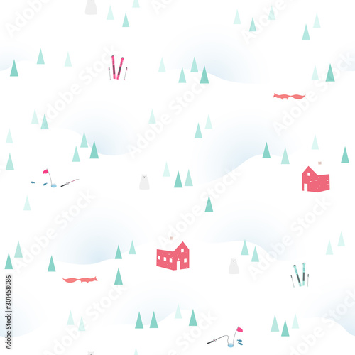 Winter seamless pattern. Christmas vector background, cute template with snow, pine trees , foxes, bears, ski, fish and village houses for wrapping paper, web design or sheet fabric