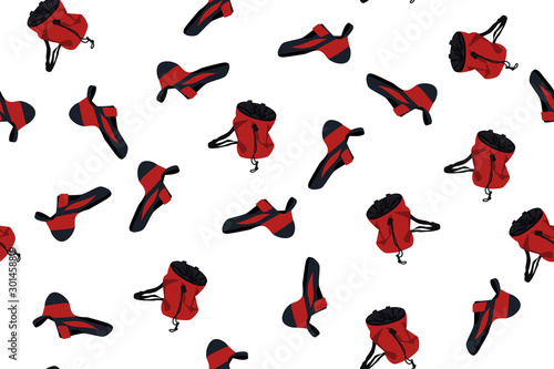 Climbing shoes and chalk bag seamless isolated on white background. Vector illustration.
