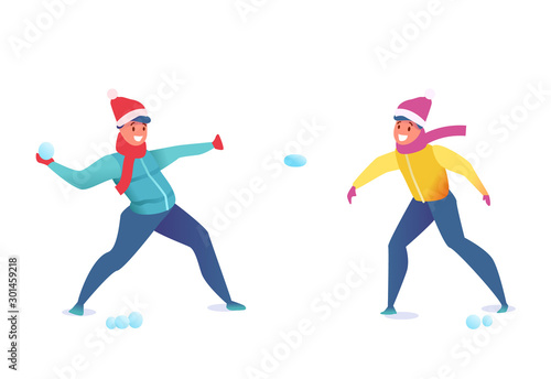 Vector flat young men santa hat snowballing