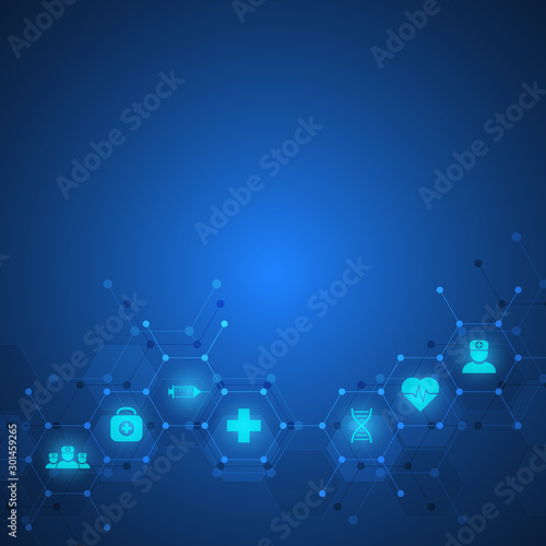 Healthcare and technology concept with flat icons and symbols. Template design for health care business, innovation medicine, science background, medical research. Vector illustration.