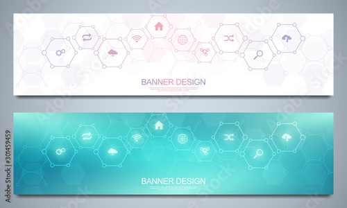 Banners design template for technological decoration with flat icons and symbols. Concept and idea for internet of things, communication, network, innovation technology, system integration.