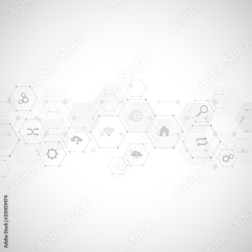 Technology background with flat icons and symbols. Concept and idea for internet of things, communication, network, innovation technology, system integration. Vector illustration.