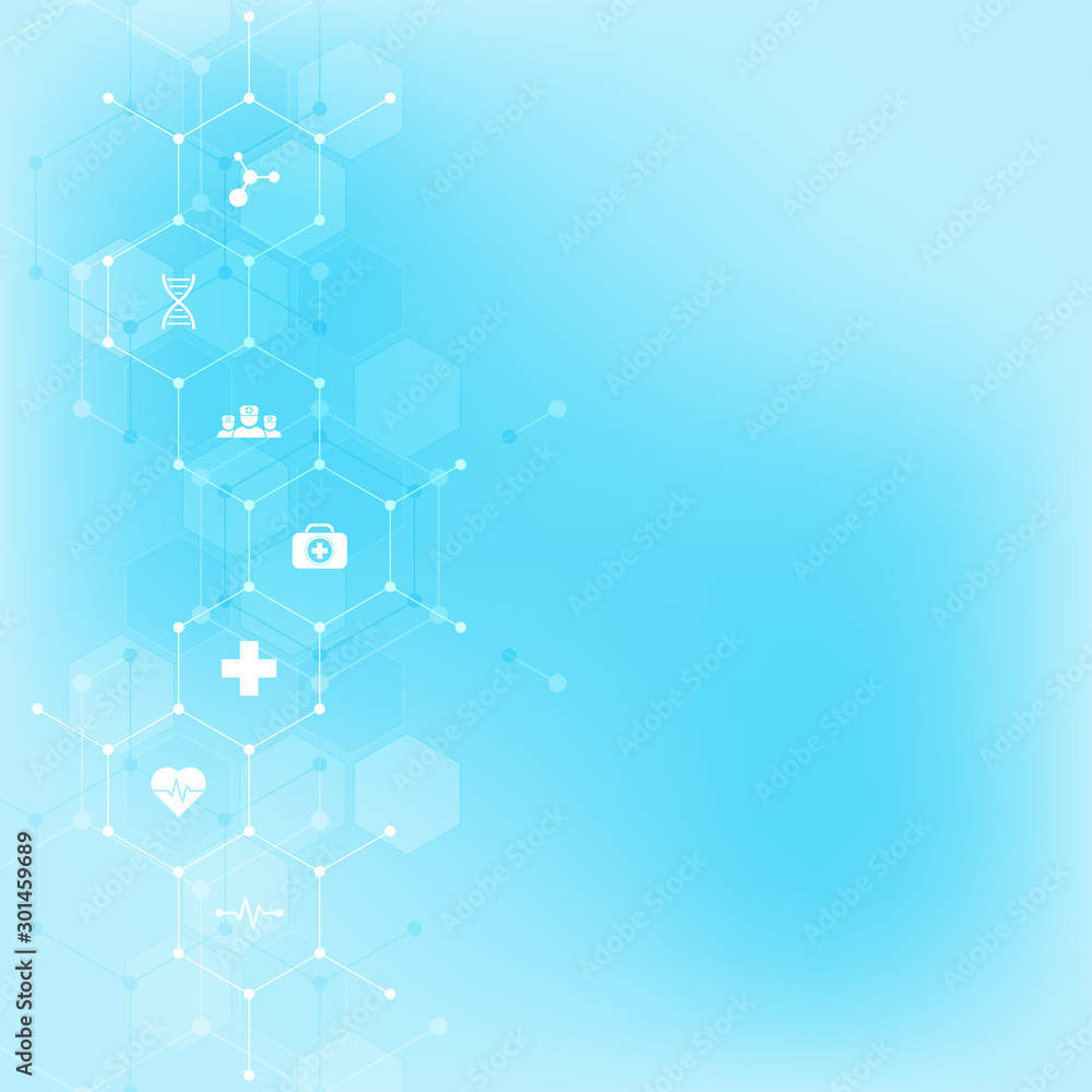 Abstract medical background with flat icons and symbols. Template design with concept and idea for healthcare technology, innovation medicine, health, science and research.