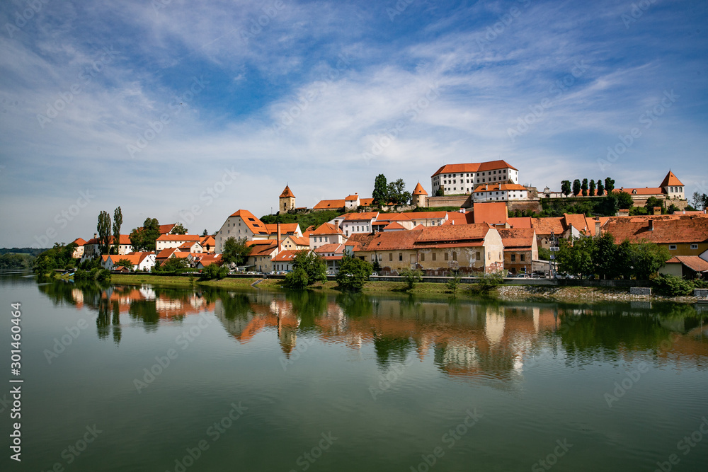 Ptuj town in Slovenia - beautiful view over the old town and castle in the sunny day