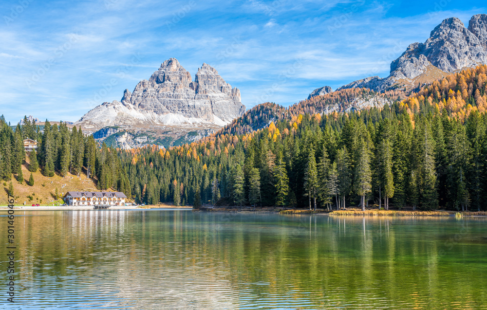 Idyllic autumnal landscape at Lake Misurina, Auronzo di Cadore, Veneto, Italy.