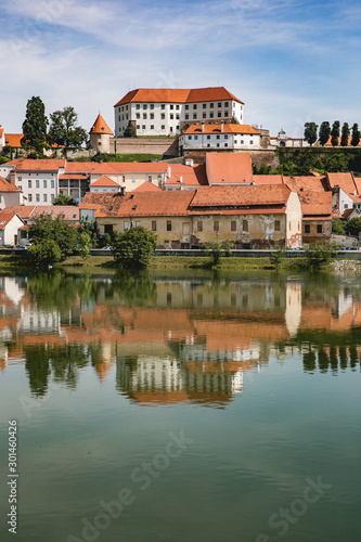 Ptuj town in Slovenia - beautiful view over the old town and castle in the sunny day