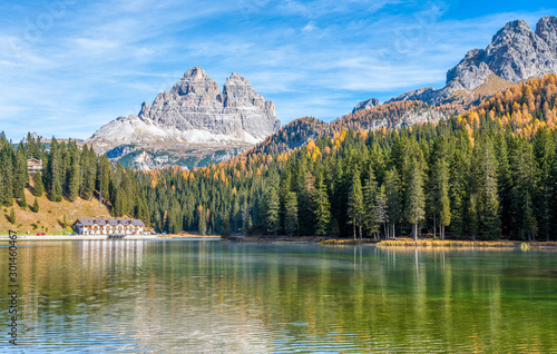 Idyllic autumnal landscape at Lake Misurina  Auronzo di Cadore  Veneto  Italy.