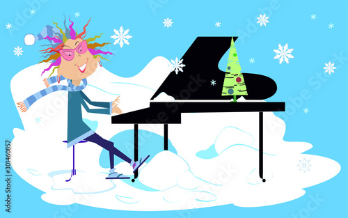 Winter piano concert illustration.  Smiling pianist woman is playing music under the falling snow 