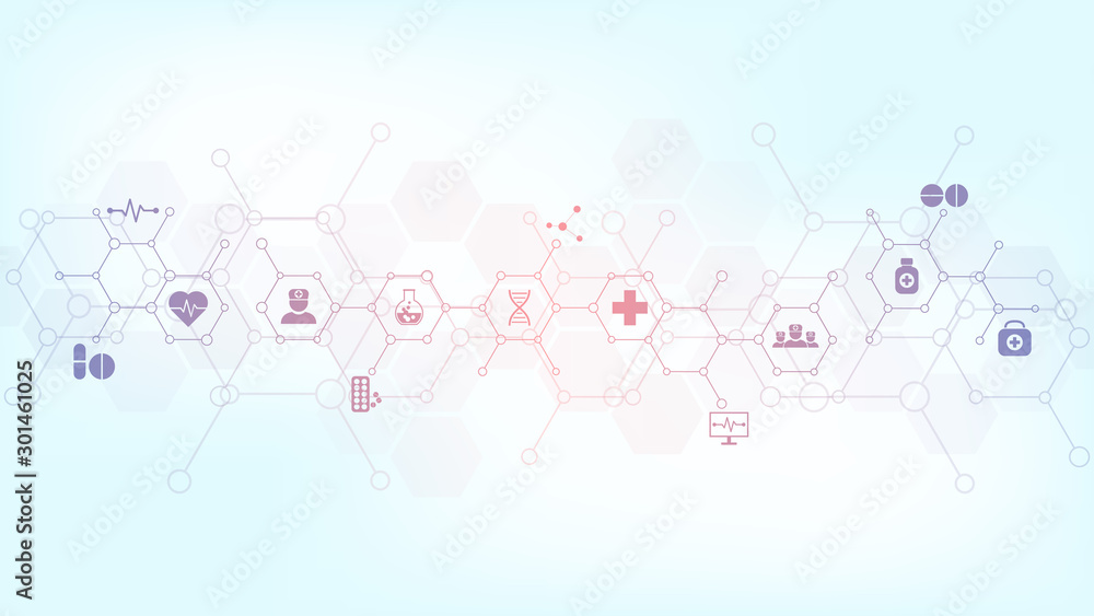Abstract medical background with flat icons and symbols. Template design with concept and idea for healthcare technology, innovation medicine, health, science and research. Abstract medical background with flat icons and symbols. Template design with concept and idea for healthcare technology, innovation medicine, health, science and research.