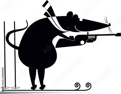 Biathlon competitor rat or mouse black on white illustration. Shooting biathlon competitor cartoon rat or mouse original silhouette isolated 