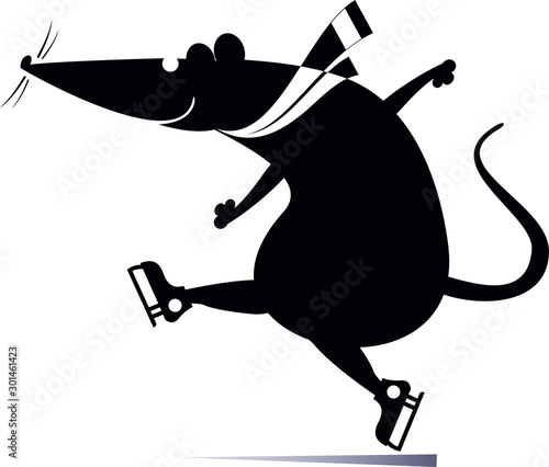 Cartoon rat or mouse a skater illustration. Funny rat or mouse is skating black on white illustration