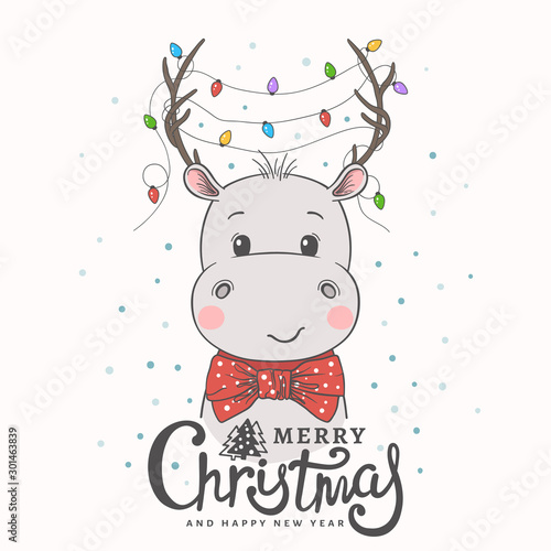 Cute little hippo with deer horns, christmas garland, bow tie. Christmas card. New Year. Season's Greetings. Vector illustration