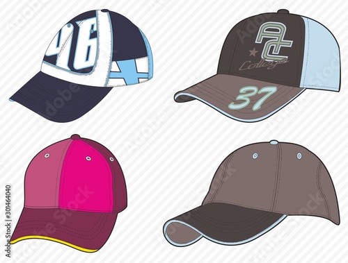 Colorful sport caps. Men accesories, women fashion, headwear, sportive hat. Baseball cap. - Vector