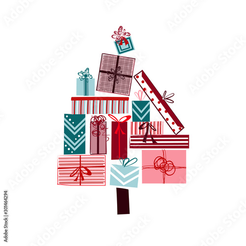 Christmas gift tree holiday vector isolated on white for cards, invitations, backgrounds, scrapbooking and more. Christmas, holiday, seasonal illustration, hand drawn doodle. 