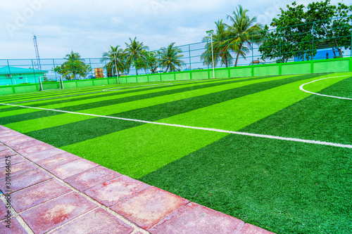 Soccer field, artificial green grass, among a palm forest. © lotosfoto