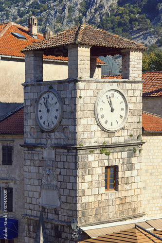 Montenegro. Clock Tower in Old Town of Kotor - UNESCO World Heritage site