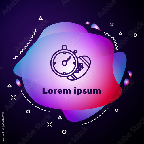 Purple line American Football ball and stopwatch icon isolated on dark blue background. Set of sport equipment. Abstract banner with liquid shapes. Vector Illustration