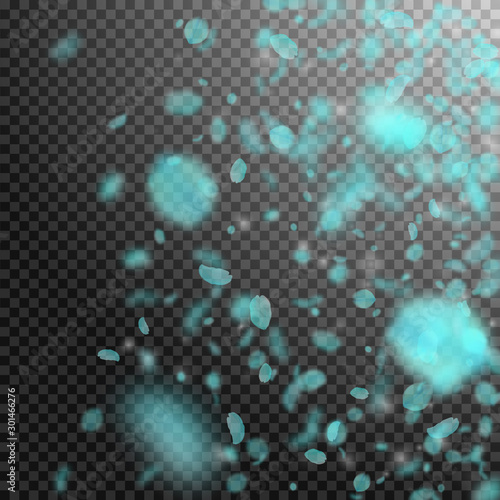 Turquoise flower petals falling down. Fabulous rom