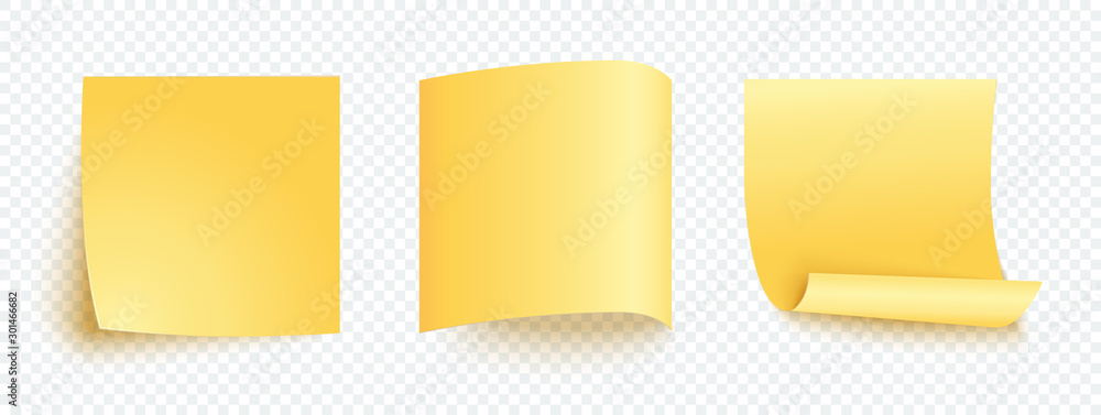 Yellow note sheet of paper set with different shadow. Blank post for message, to do list, memory. Set of vector notes isolated on transparent background.