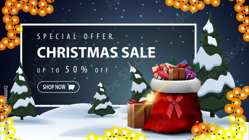 Special offer, Christmas sale, beautiful discount banner with cartoon winter landscape on background, garland, Santa Claus bag with presents and white frame with offer behind the snowdrifts