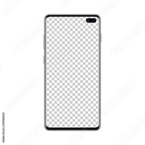 Mobile phone mockup black color with transparent blank screen. Smart cell phone template for showing web and app design. Vector realistic illustration on white.