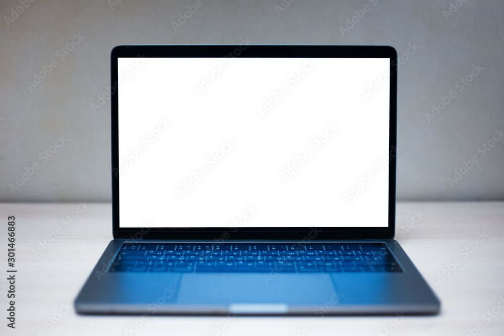 Blank screen on modern laptop computer on empty desk. Mockup concept. Blank screen on modern laptop computer on empty desk. Mockup concept.