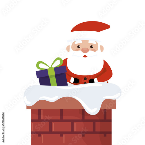 merry christmas santa claus with gift box in chimney vector illustration design