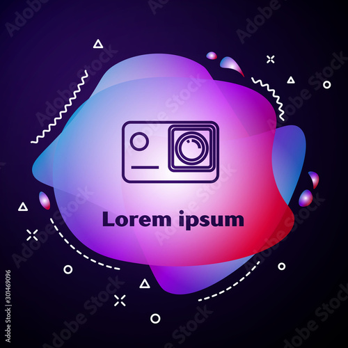 Purple line Action extreme camera icon isolated on dark blue background. Video camera equipment for filming extreme sports. Abstract banner with liquid shapes. Vector Illustration