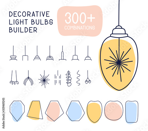 Vector decorative light loft bulbs in doodle style builder. mega collection set hand drawn doodles illustration sketch loft lamps on the white background.