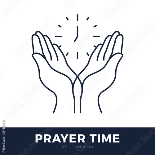 Time to Pray vector logo. Praying Hands Icon with clock.