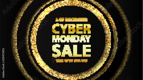 Cyber Monday Sale banner. Black with gold tag or label. Vector illustration