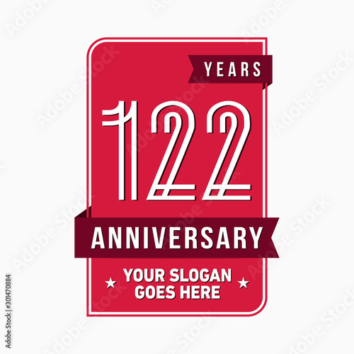 122 years anniversary design template. One hundred and twenty-two years celebration logo. Vector and illustration.