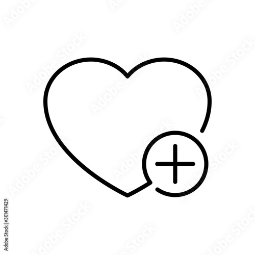 Icono lineal añadir favorito con corazón y símbolo suma en círculo color negro