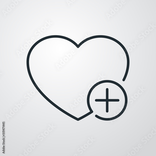 Icono lineal añadir favorito con corazón y símbolo suma en círculo en fondo gris