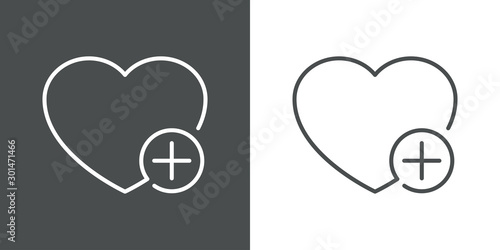 Icono lineal añadir favorito con corazón y símbolo suma en círculo en gris y blanco